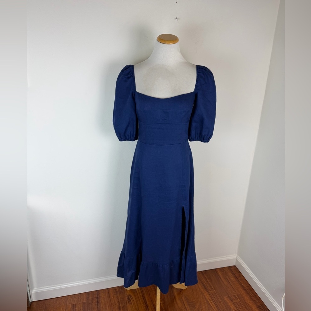 Reformation Belgium Midi Dress Linen Navy Blue Size 4 - Picture 5 of 12